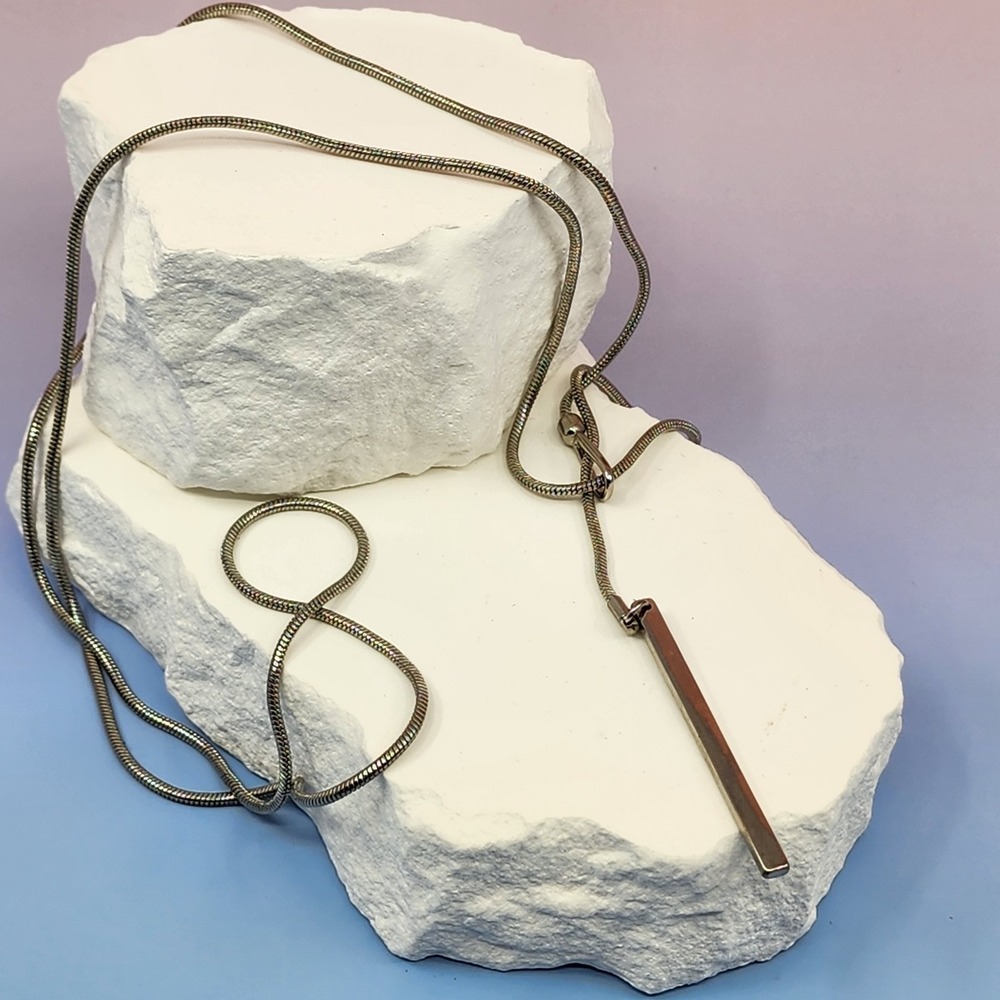 Silver Tone Snake Chain Lariat Bar Pendant Necklace Minimalist Modern Statement